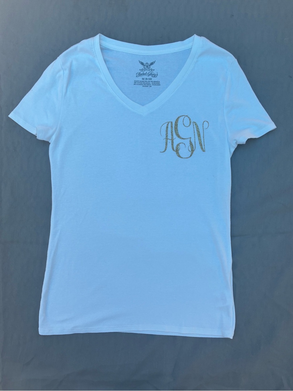 Faded Glory White V-Neck Tee with Gold Script Detail